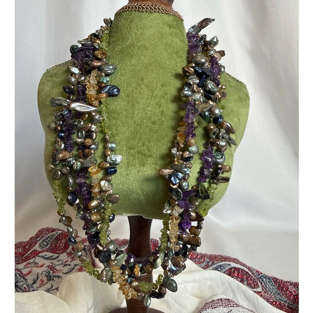 Vintage Multi-Strand Gemstone & Baroque Pearl Statement Necklace 20" Boho Luxe